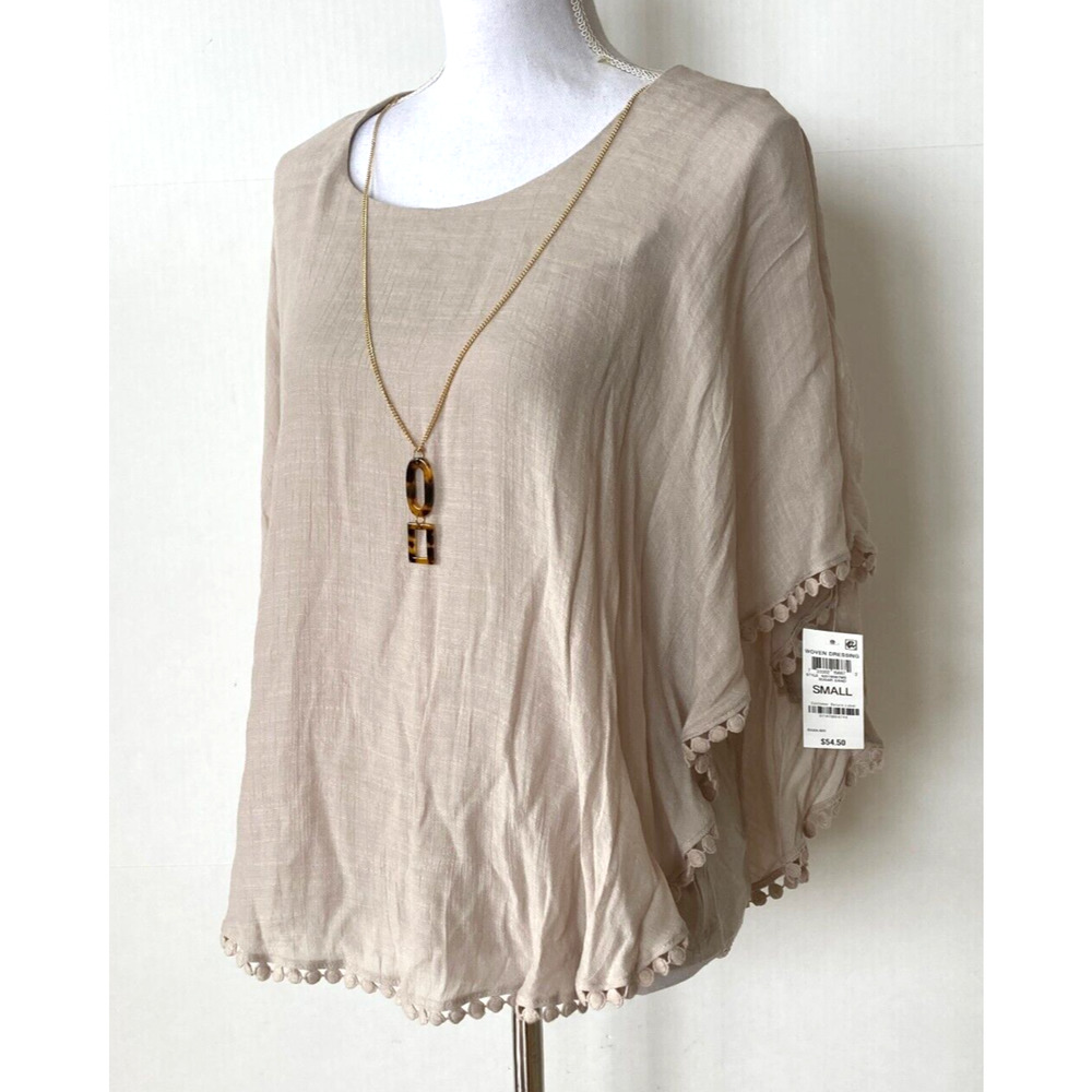 JM Collection Poncho Top Rayon Tan Sz Small w Sewn in Necklace